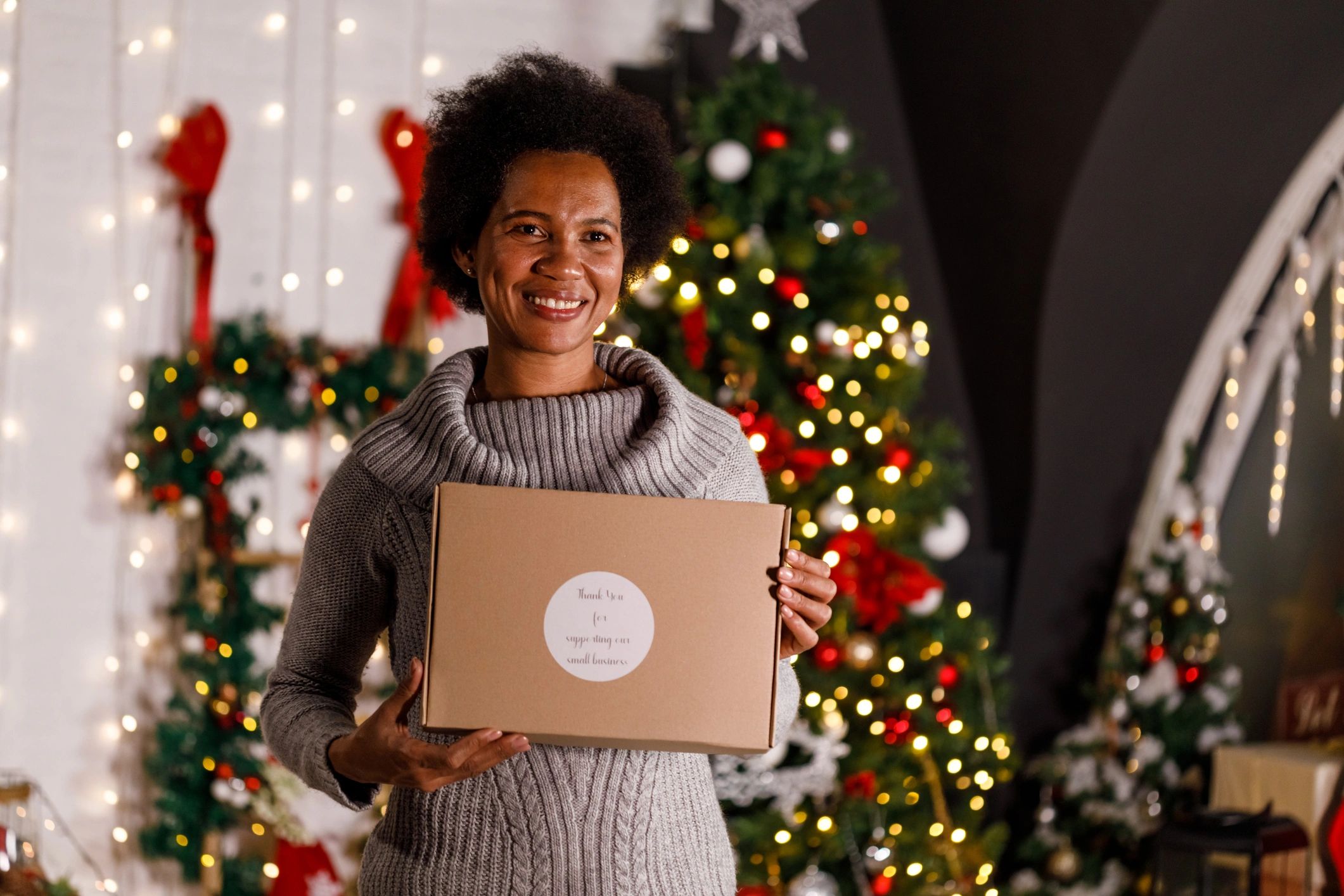Smiling woman holding a small business thank-you package